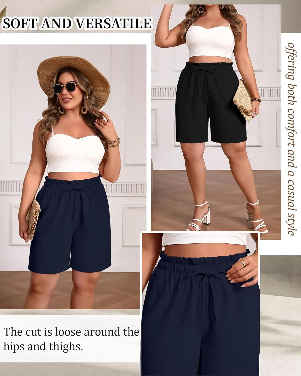 2 Pack Women's Casual Linen Shorts Bermuda Plus Size L-5xl Cotton Knee Length High Waist Summer Shorts with Pockets