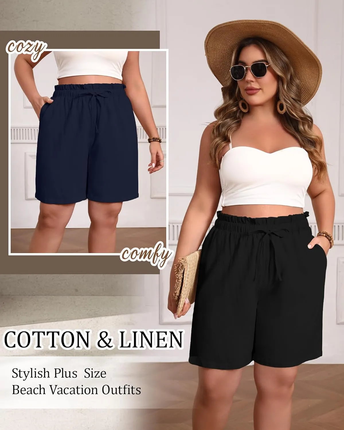 2 Pack Women's Casual Linen Shorts Bermuda Plus Size L-5xl Cotton Knee Length High Waist Summer Shorts with Pockets