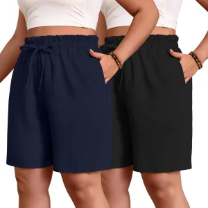 2 Pack Women's Casual Linen Shorts Bermuda Plus Size L-5xl Cotton Knee Length High Waist Summer Shorts with Pockets