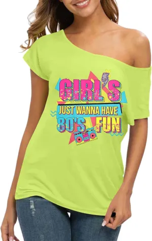 90s 80s Outfit for Women 80's Theme Party Disco Shirt Off The Shoulder Tops Vintage 90s Neon Off Shoulder Top