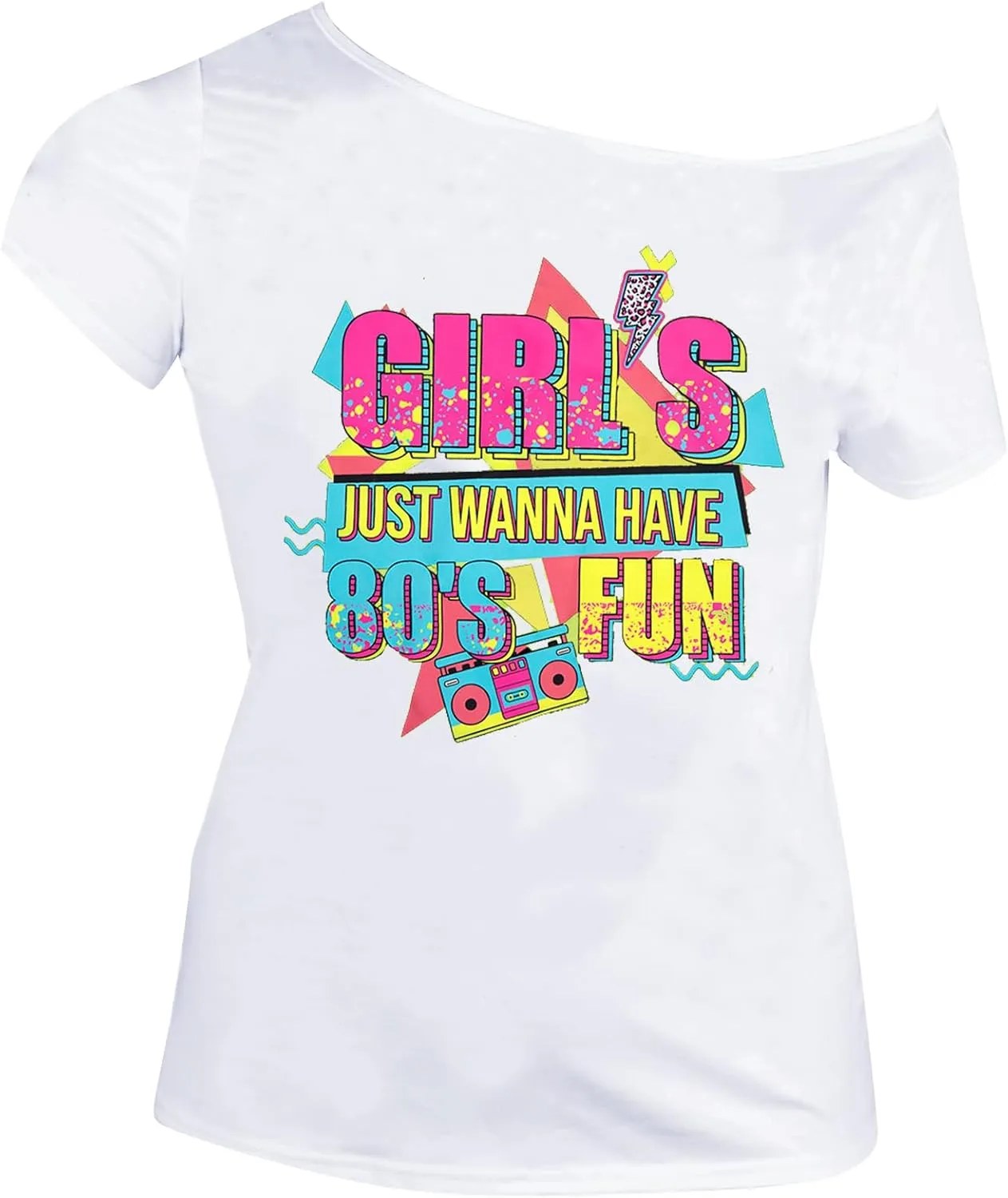 90s 80s Outfit for Women 80's Theme Party Disco Shirt Off The Shoulder Tops Vintage 90s Neon Off Shoulder Top