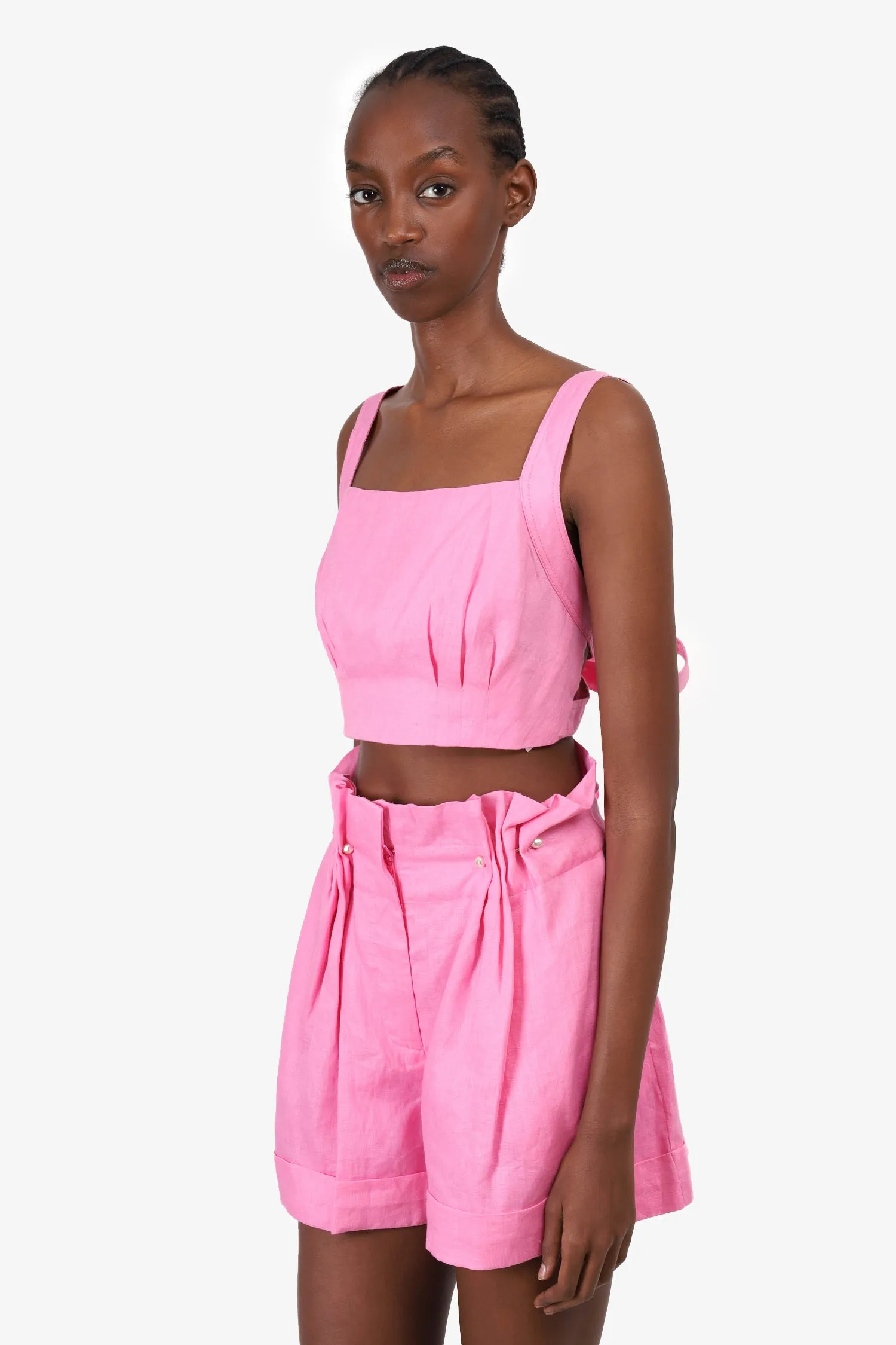 Aje Pink Linen Tie-Back Crop Top   Paperbag Short Set With Pearl Details Size M