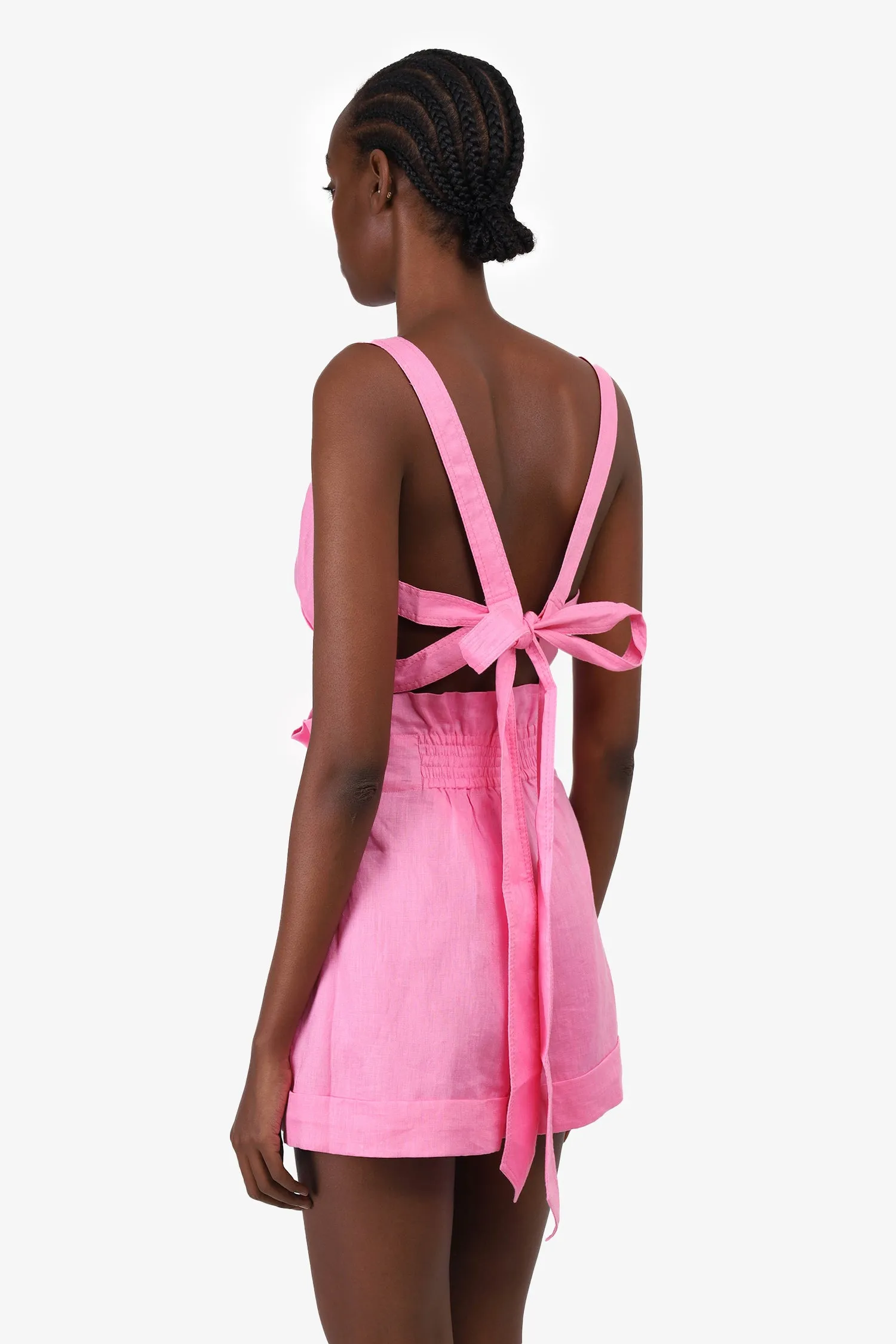 Aje Pink Linen Tie-Back Crop Top   Paperbag Short Set With Pearl Details Size M