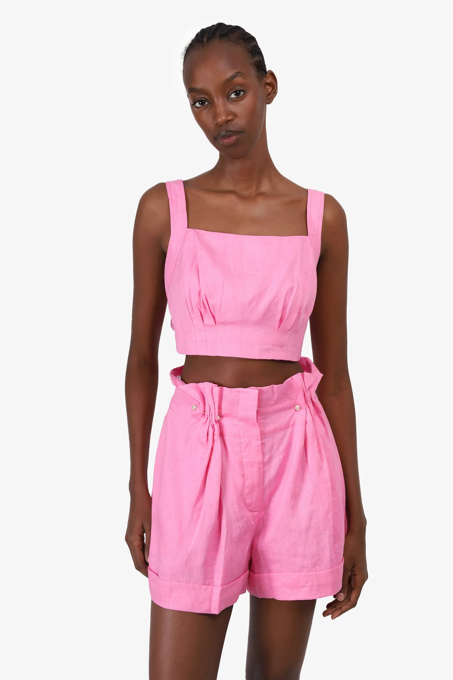 Aje Pink Linen Tie-Back Crop Top   Paperbag Short Set With Pearl Details Size M