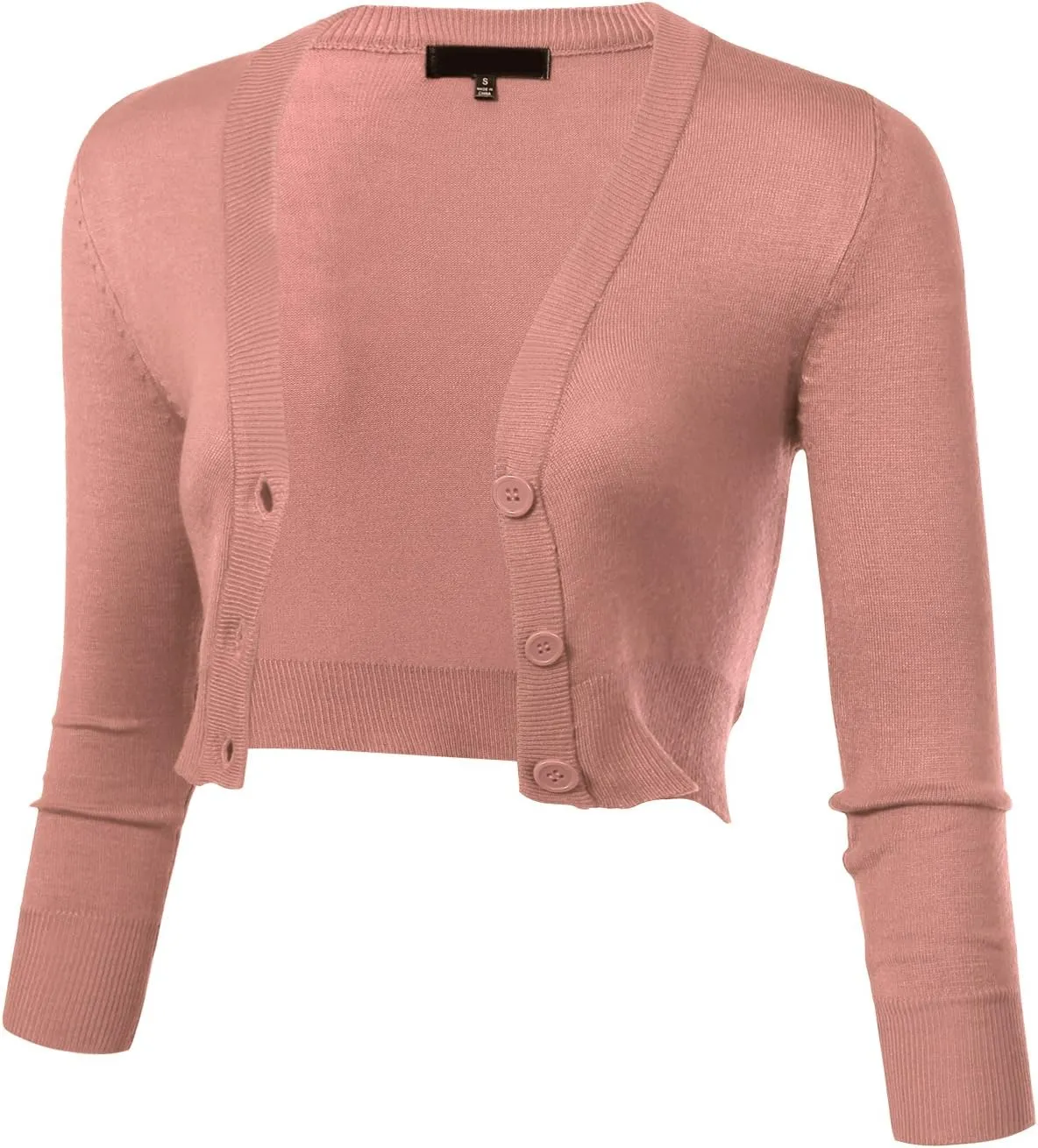 Allsense Women's 3/4 Sleeve Button-Down V-Neck Cropped Bolero Shrug Cardigan