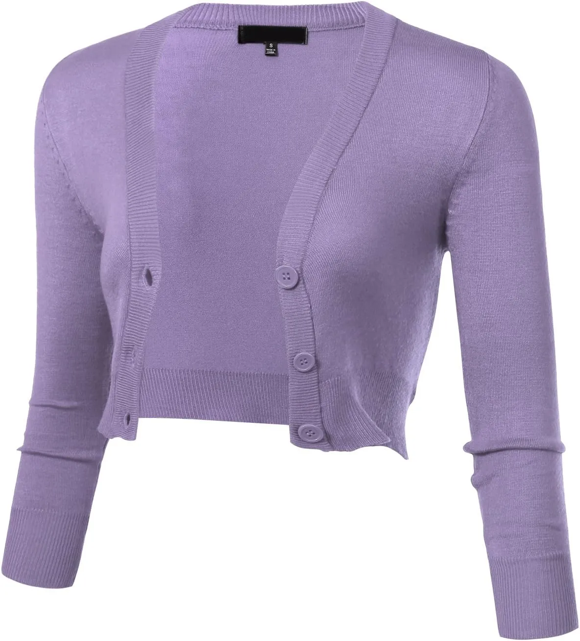 Allsense Women's 3/4 Sleeve Button-Down V-Neck Cropped Bolero Shrug Cardigan