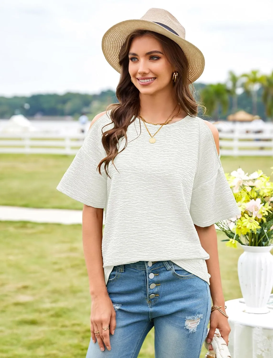 Angashion Womens Cold Shoulder Tops Summer - Casual Short Sleeve T Shirts Fashion Crewneck Fit Basic Blouses