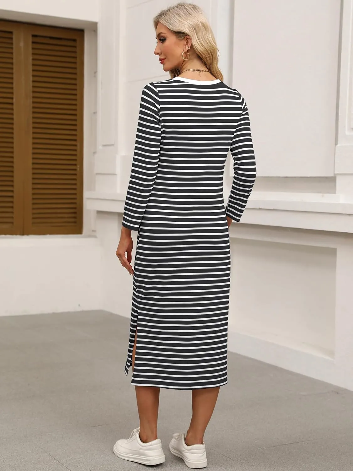 ANRABESS Women 3/4 Long Sleeve Crewneck Striped Casual Slit T Shirt Midi Dresses with Pockets Spring Fall Fashion