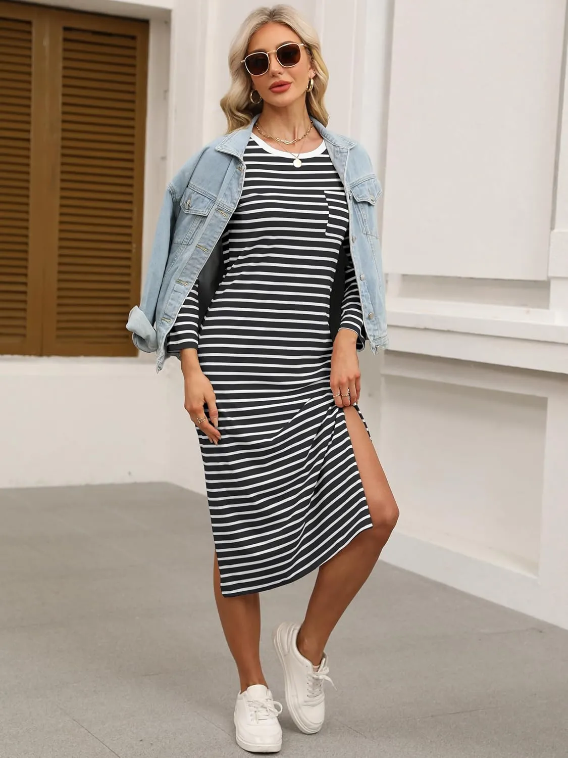 ANRABESS Women 3/4 Long Sleeve Crewneck Striped Casual Slit T Shirt Midi Dresses with Pockets Spring Fall Fashion