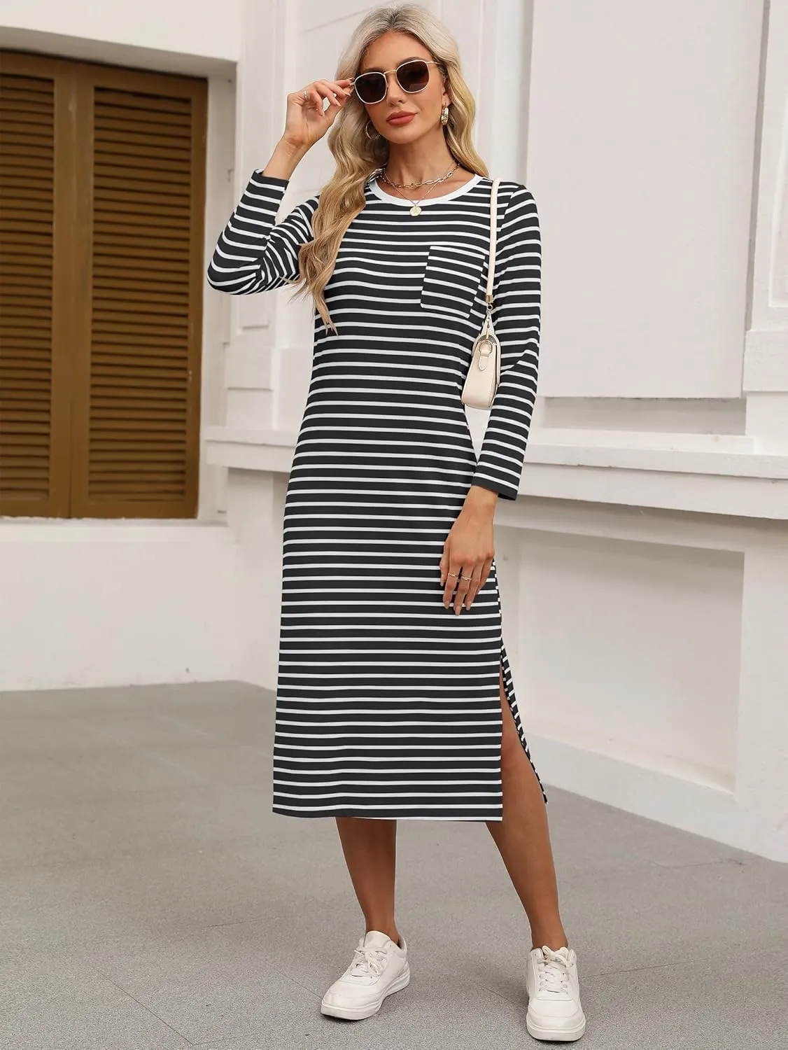 ANRABESS Women 3/4 Long Sleeve Crewneck Striped Casual Slit T Shirt Midi Dresses with Pockets Spring Fall Fashion