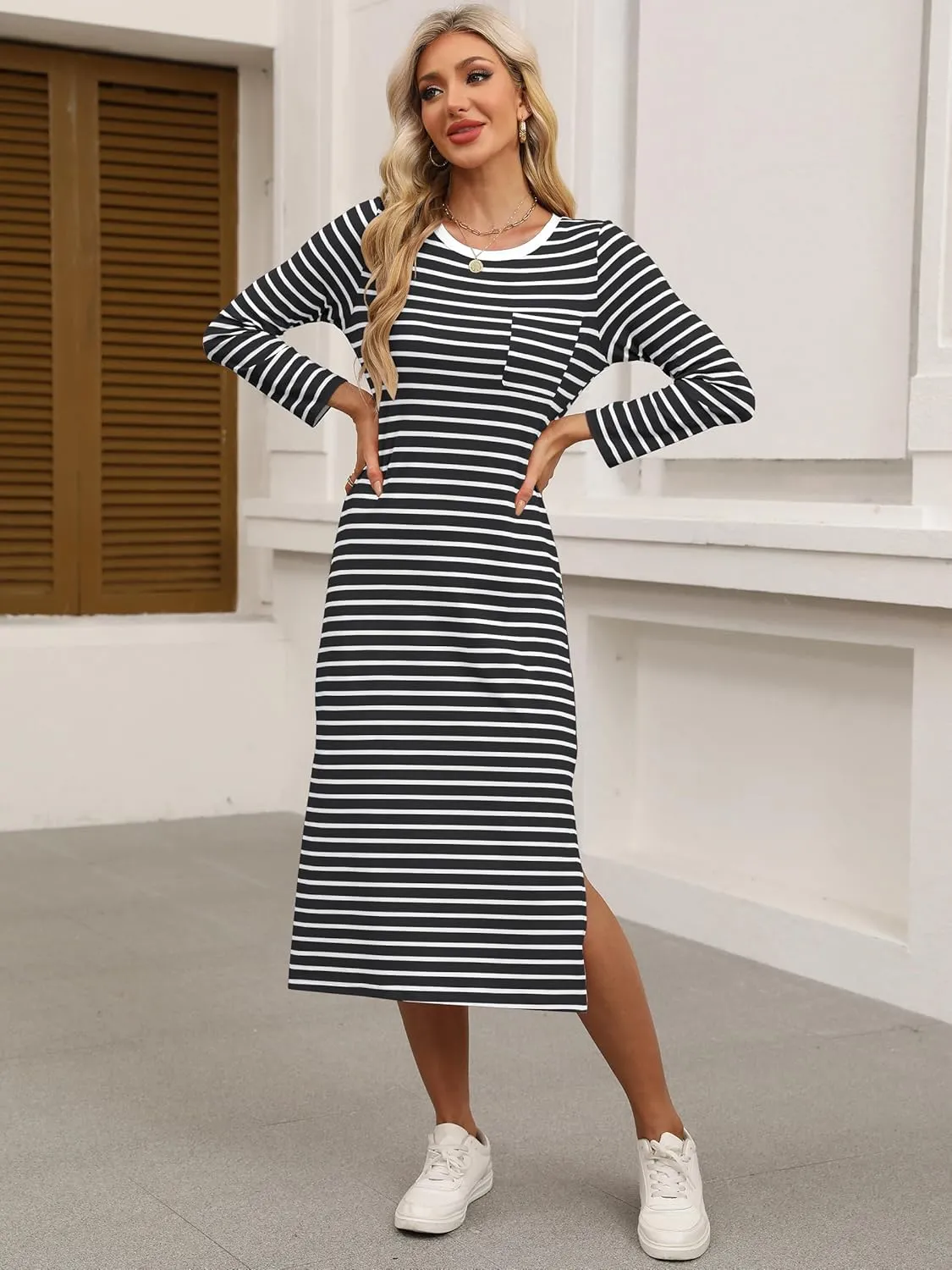 ANRABESS Women 3/4 Long Sleeve Crewneck Striped Casual Slit T Shirt Midi Dresses with Pockets Spring Fall Fashion