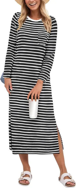 ANRABESS Women 3/4 Long Sleeve Crewneck Striped Casual Slit T Shirt Midi Dresses with Pockets Spring Fall Fashion