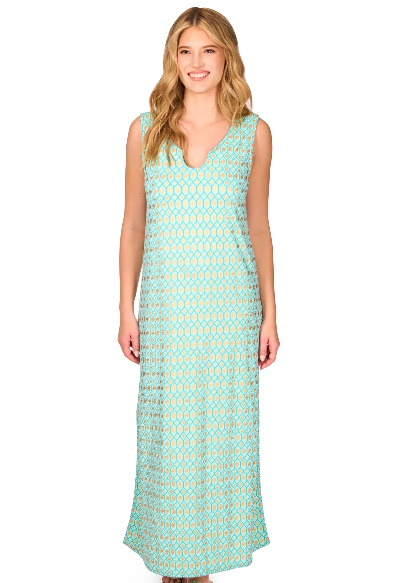 Aqua Metallic Side Slit Maxi Dress