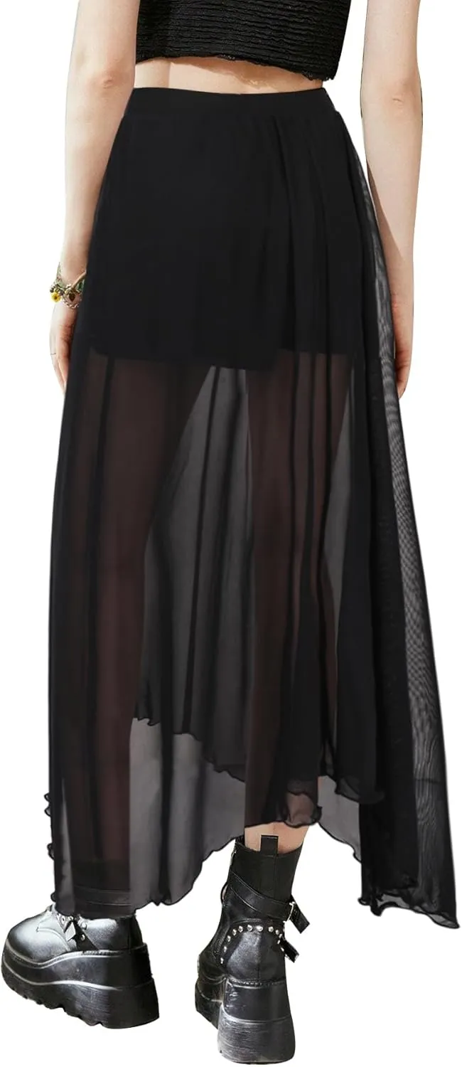 Avanova Women Sun Print Mesh Side Slits Split Midi Skirt Asymmetrical High Waisted Long Skirt