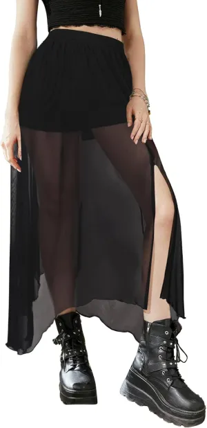 Avanova Women Sun Print Mesh Side Slits Split Midi Skirt Asymmetrical High Waisted Long Skirt