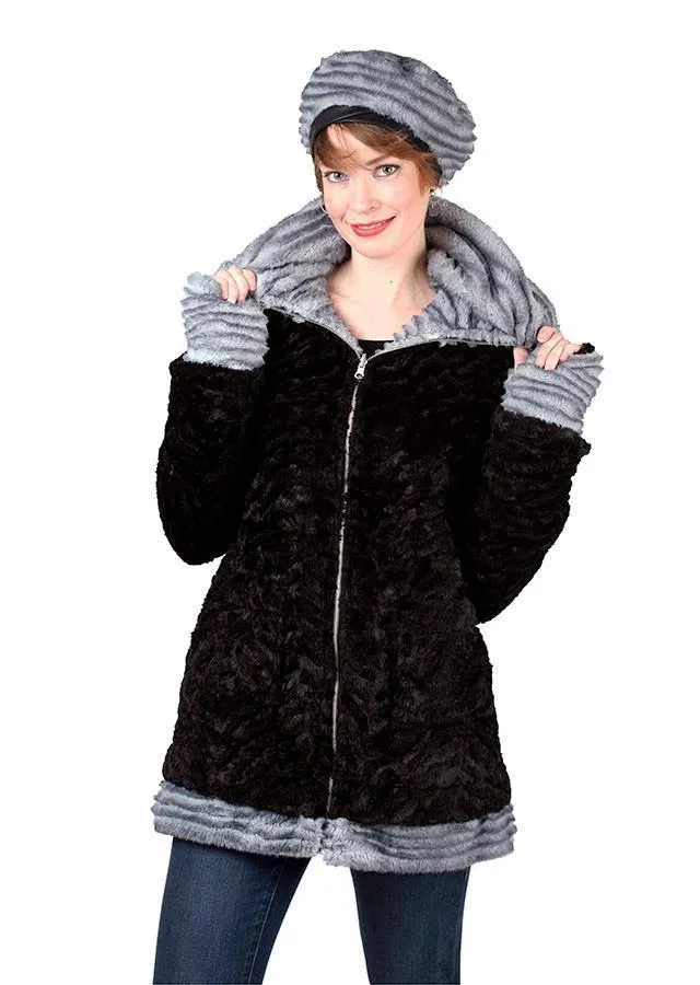 Bardot Coat, Reversible - Plush Faux Fur in Rex with Cuddly Fur ( One Small Cornish Rex Left!)