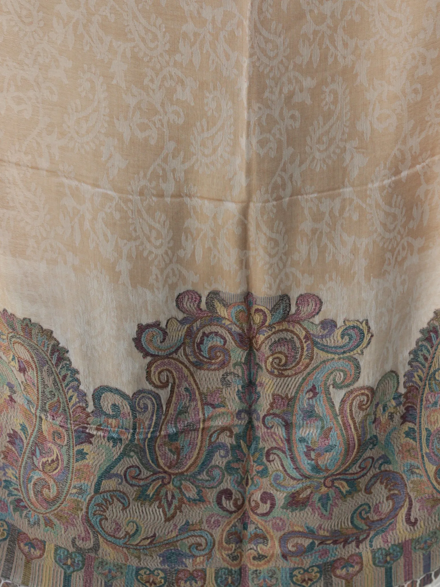 Beige Ivory Light Brown Paisly Weaved Border Silk Wool Kashmiri Stole - S200571