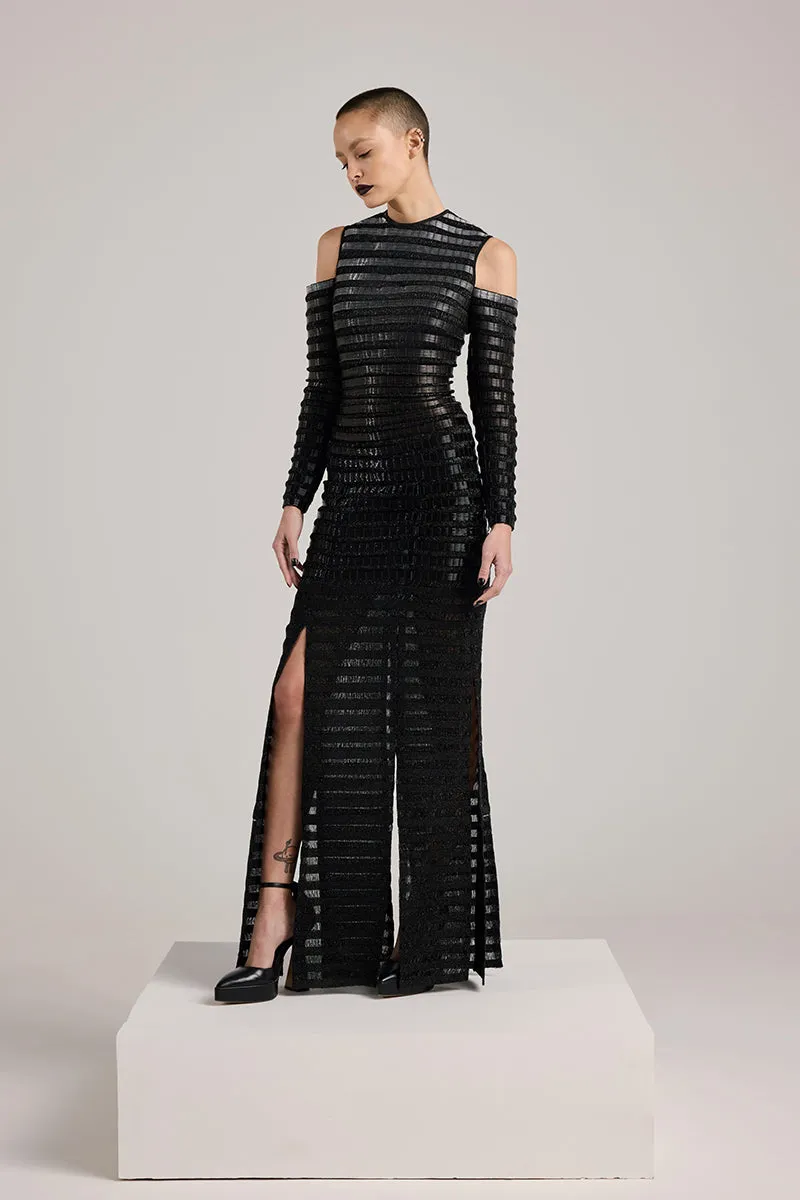 BLACK GRADIENT GLASS AND LUREX MAXI DRESS