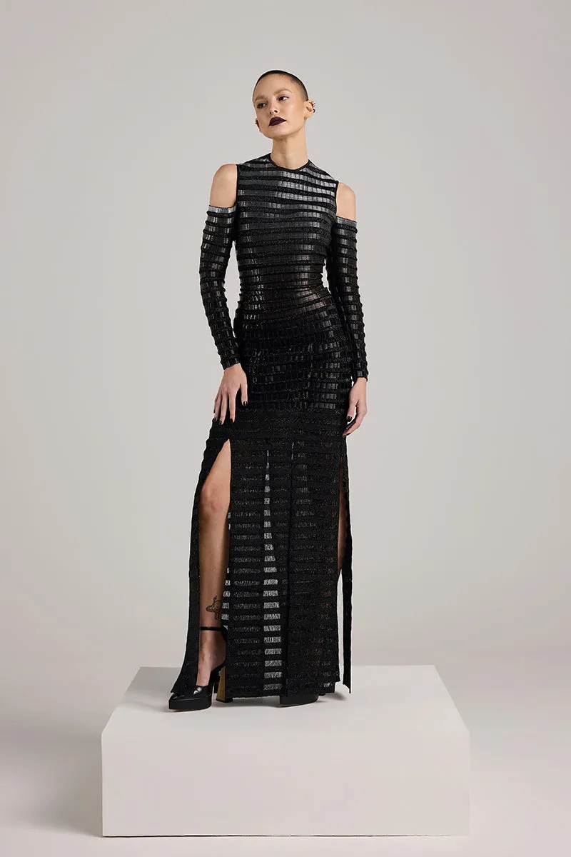BLACK GRADIENT GLASS AND LUREX MAXI DRESS