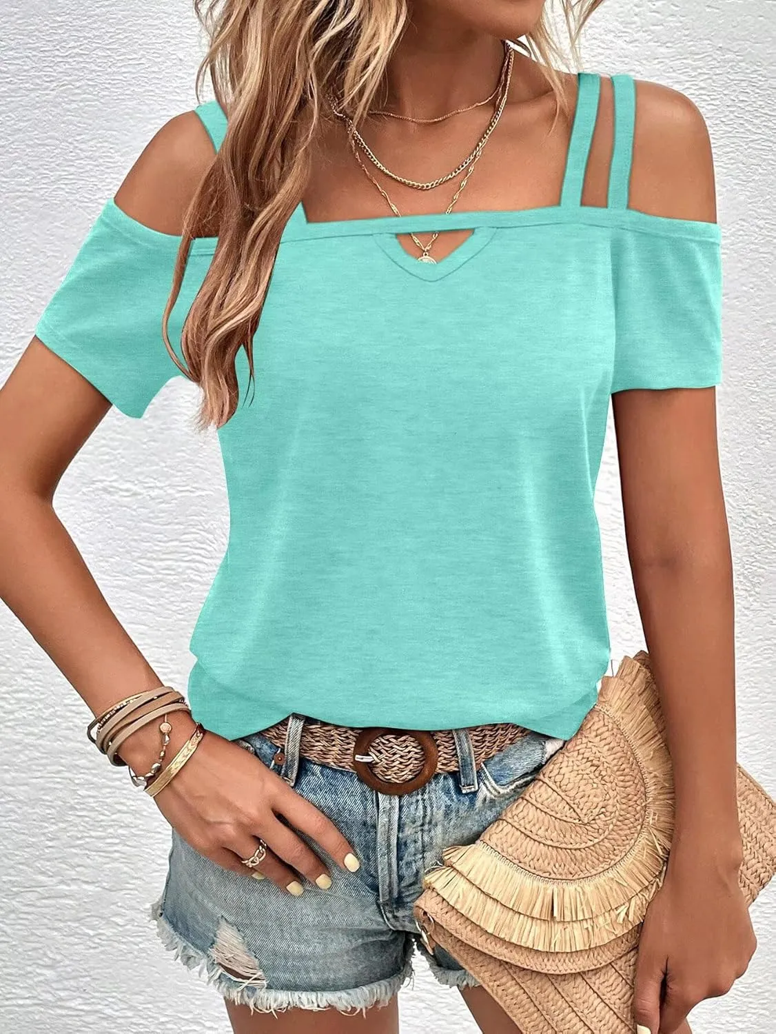 Bliwov Womens Cold Shoulder Tops Short Sleeve Cute Sexy Summer Spring Beach Vacation T Shirts Fashion Outfits Basic Clothes