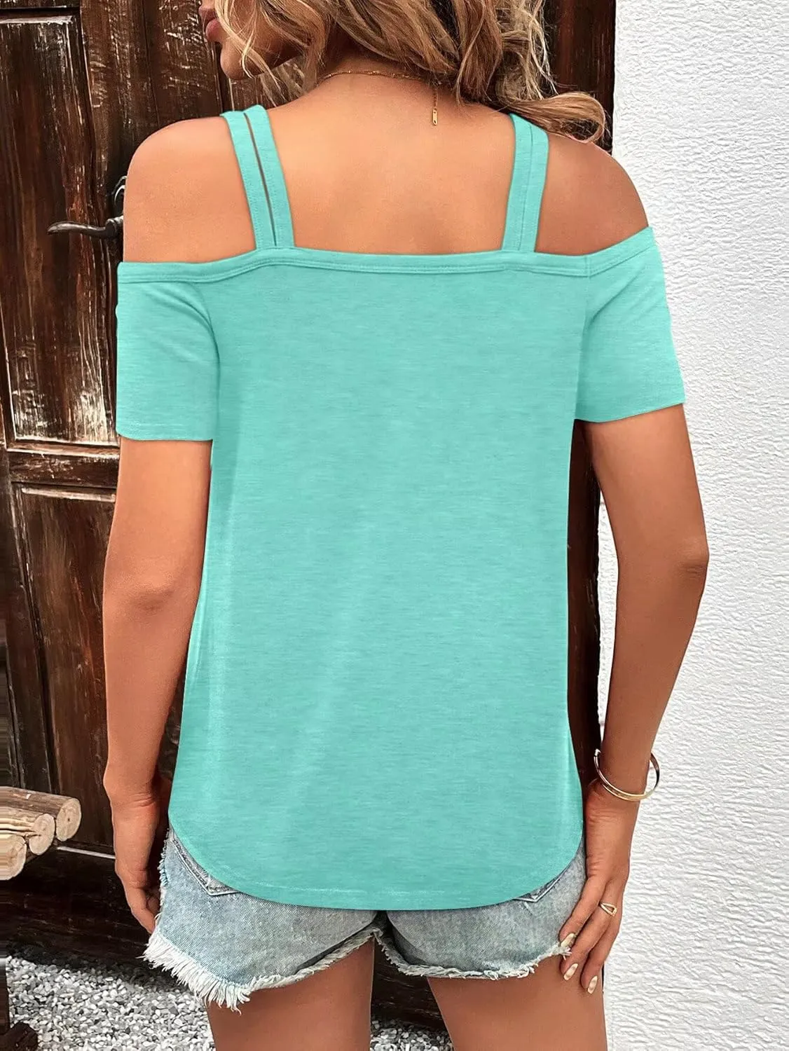Bliwov Womens Cold Shoulder Tops Short Sleeve Cute Sexy Summer Spring Beach Vacation T Shirts Fashion Outfits Basic Clothes