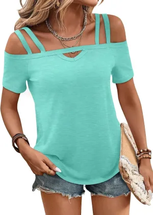 Bliwov Womens Cold Shoulder Tops Short Sleeve Cute Sexy Summer Spring Beach Vacation T Shirts Fashion Outfits Basic Clothes