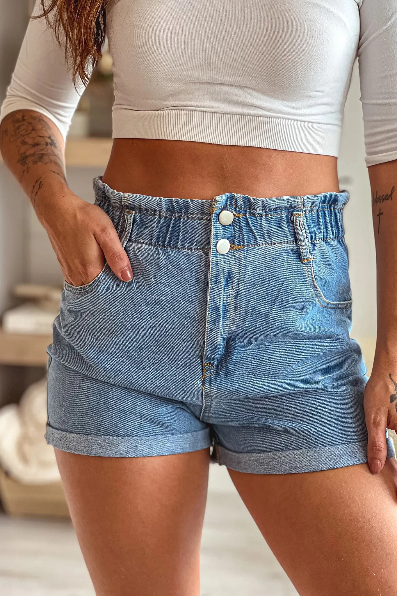 Blue Denim Paperbag Shorts