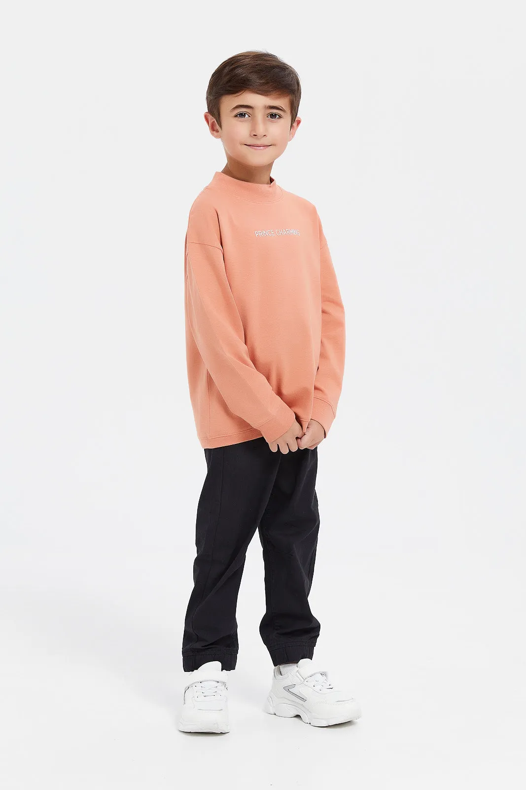 Boys Orange Turtle Neck T-Shirt With Slogan Print