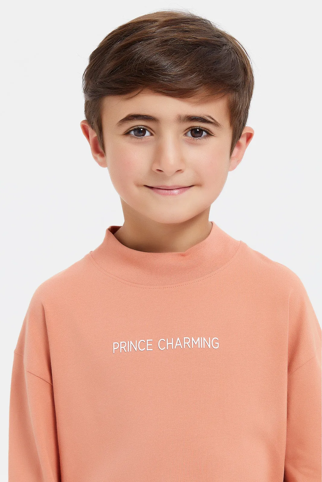 Boys Orange Turtle Neck T-Shirt With Slogan Print