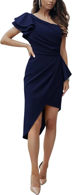BTFBM Women 2025 Summer Fashion Elegant One Shoulder Cocktail Dress Ruffle Sleeve Wrap Ruched Bodycon Short Party Dresses