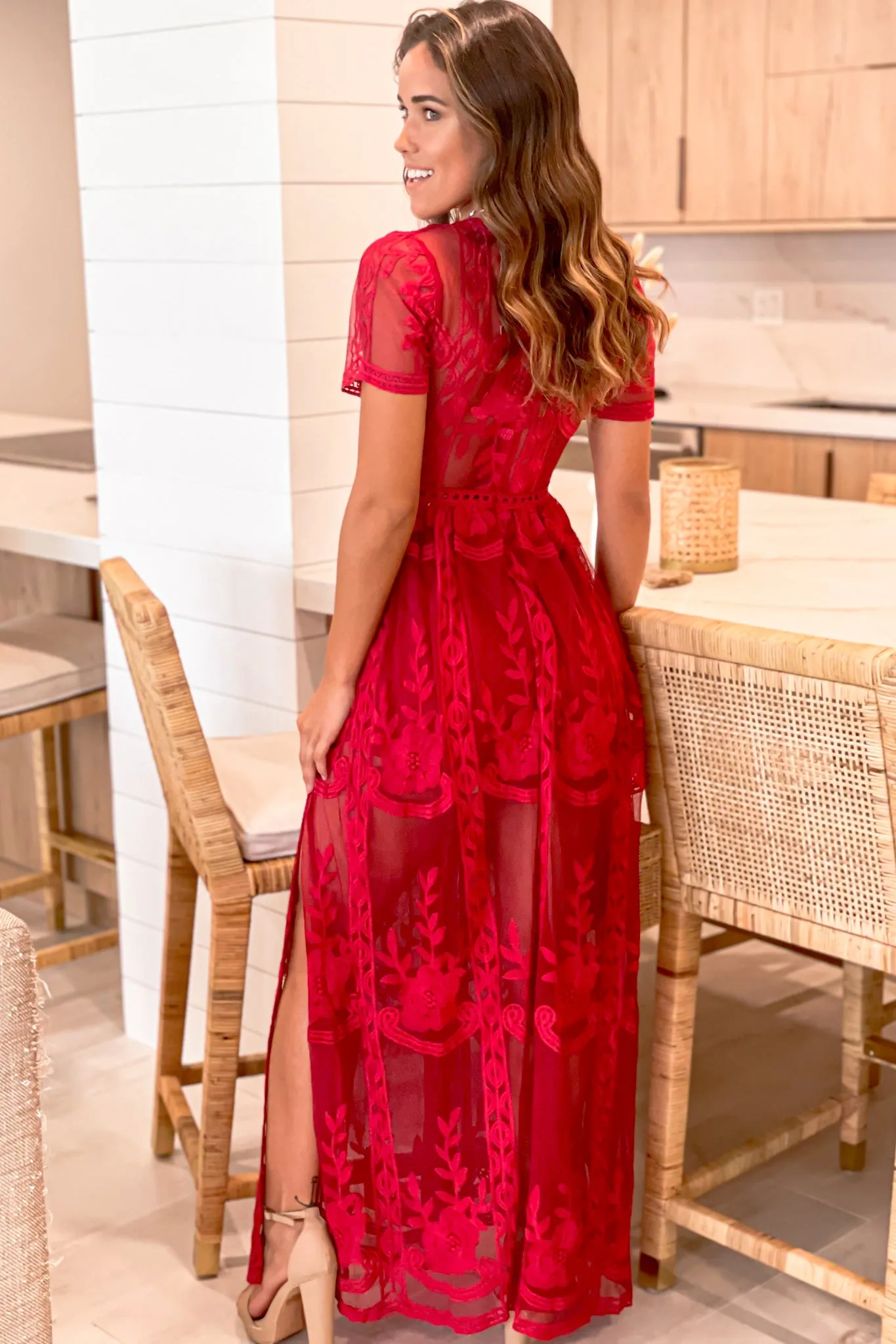Burgundy Lace Maxi Romper with Sleeves and Slits