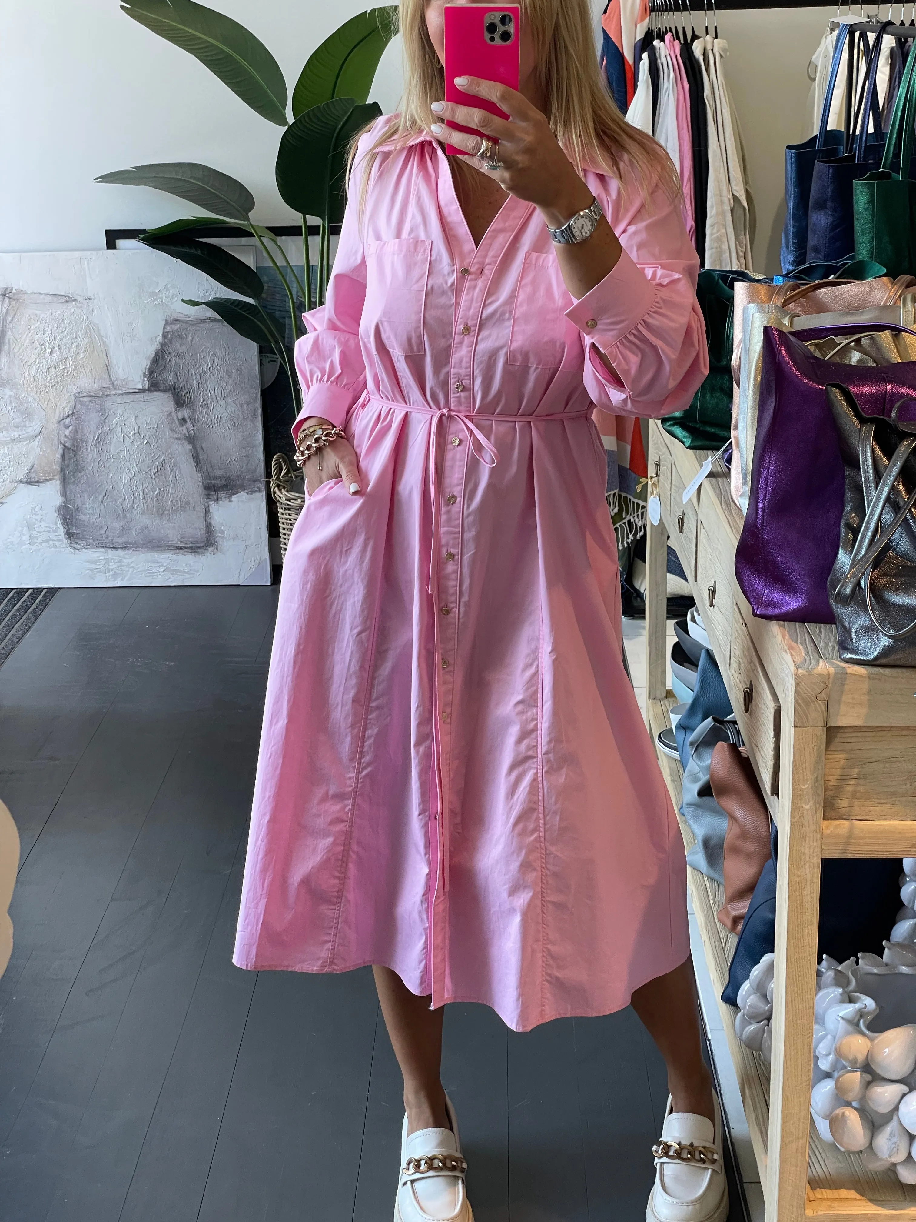 Candy Pink Cotton Midi Shirt Dress