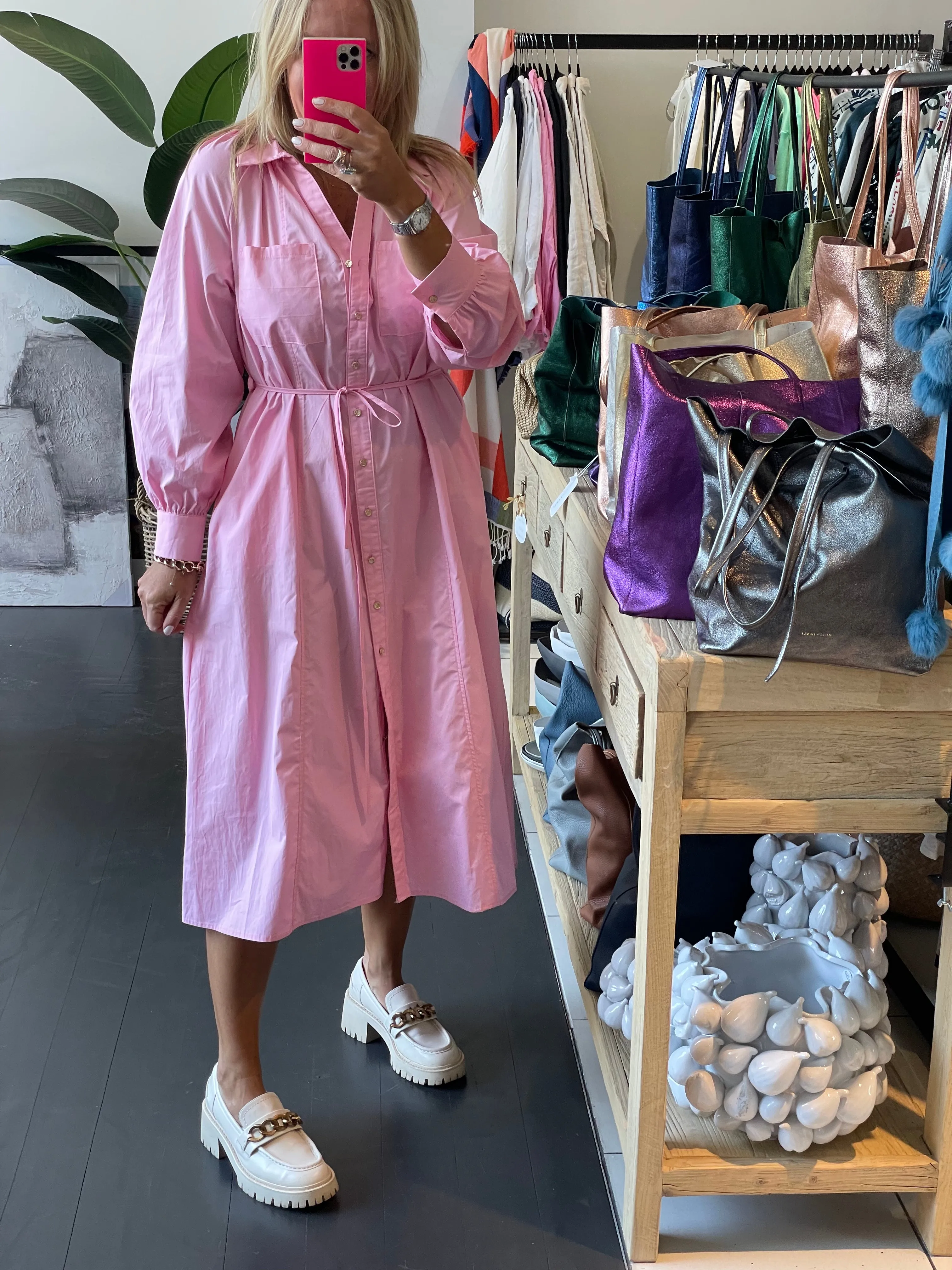 Candy Pink Cotton Midi Shirt Dress