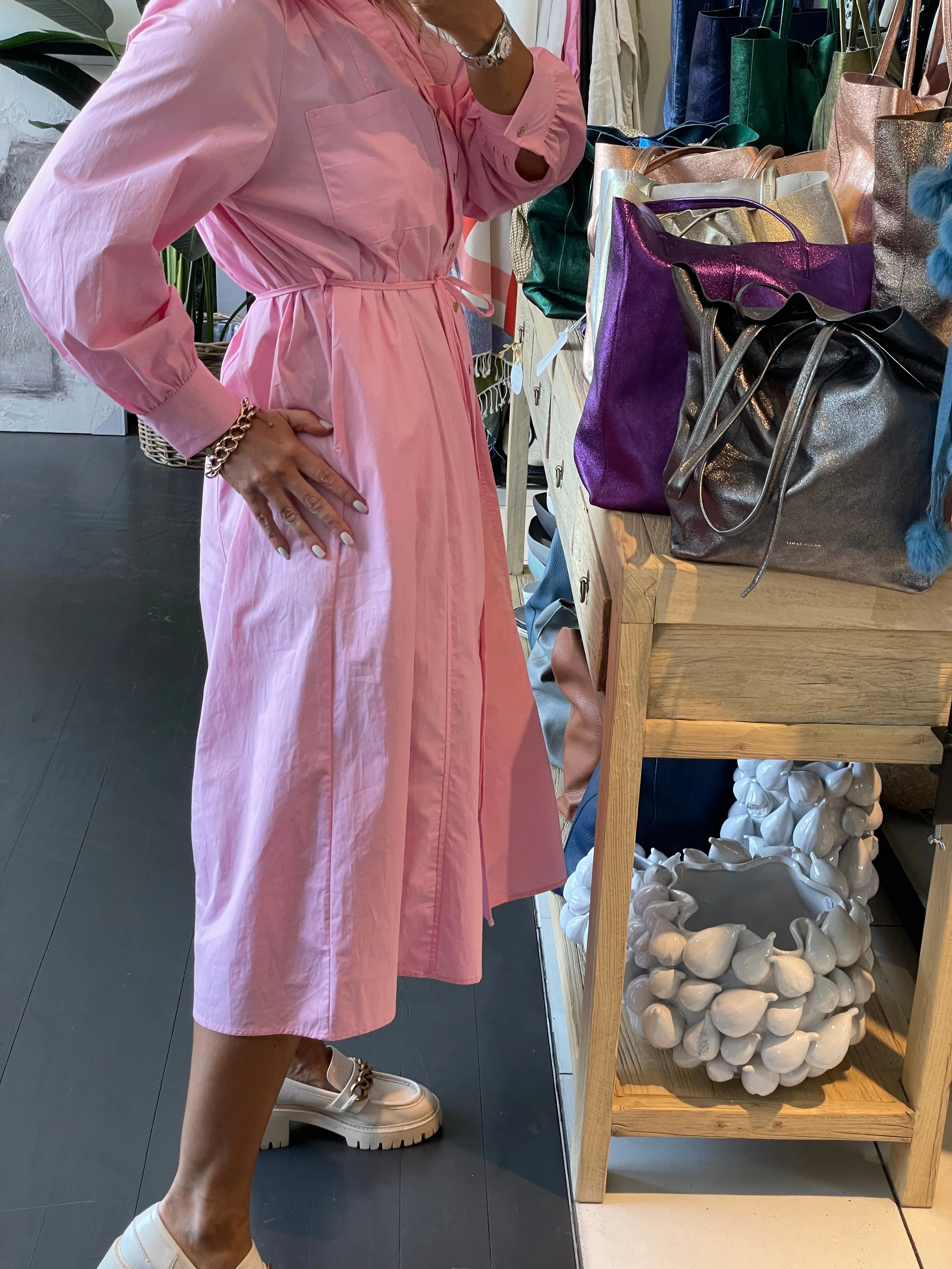 Candy Pink Cotton Midi Shirt Dress