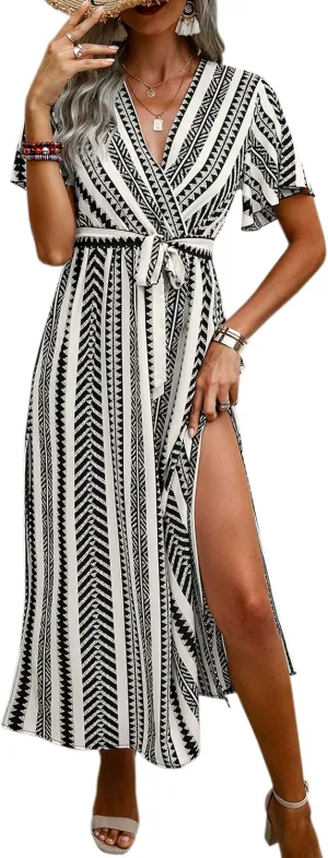 CCTOO Women's Summer Maxi Dress Casual Boho Floral Wrap V Neck Short Sleeve Ruffle Split Flowy Long Beach Dresses with Belt