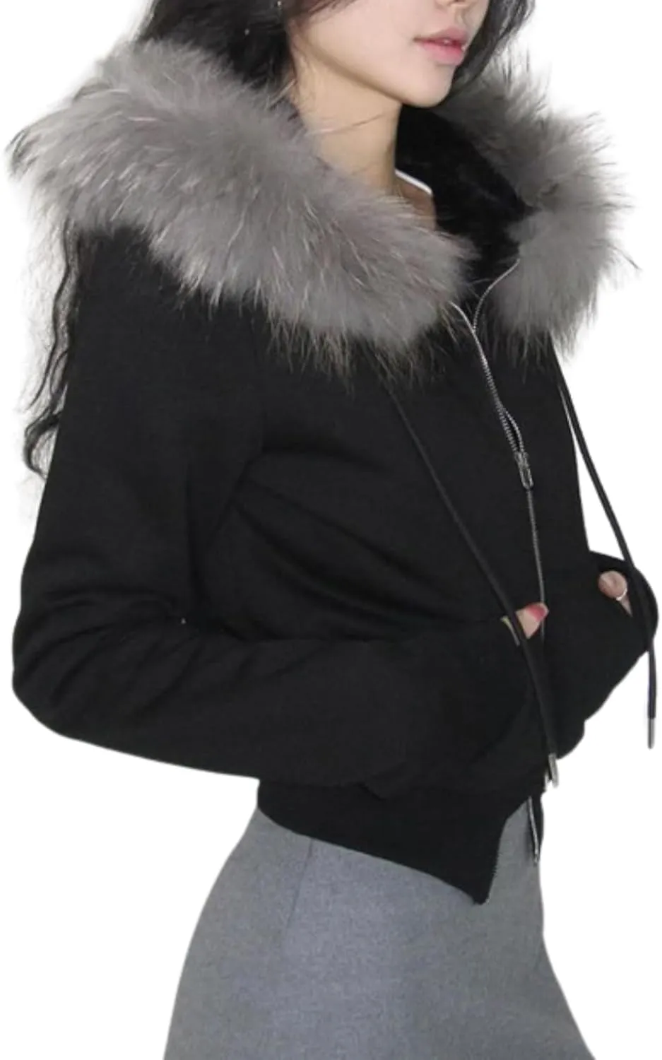 CORIRESHA Women Faux Fur Trim Hoodie Zip Up Long Sleeve Y2k Aesthetics Cropped Sweatshirt