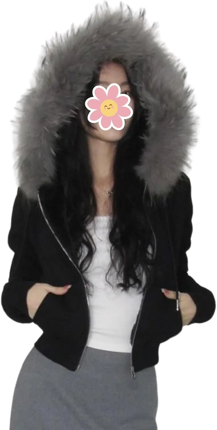 CORIRESHA Women Faux Fur Trim Hoodie Zip Up Long Sleeve Y2k Aesthetics Cropped Sweatshirt