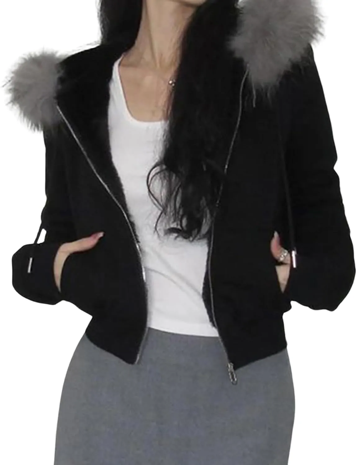 CORIRESHA Women Faux Fur Trim Hoodie Zip Up Long Sleeve Y2k Aesthetics Cropped Sweatshirt