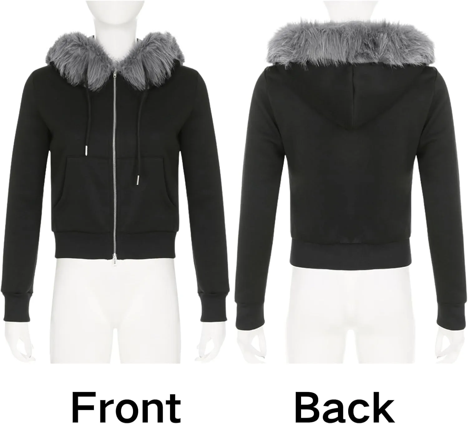 CORIRESHA Women Faux Fur Trim Hoodie Zip Up Long Sleeve Y2k Aesthetics Cropped Sweatshirt