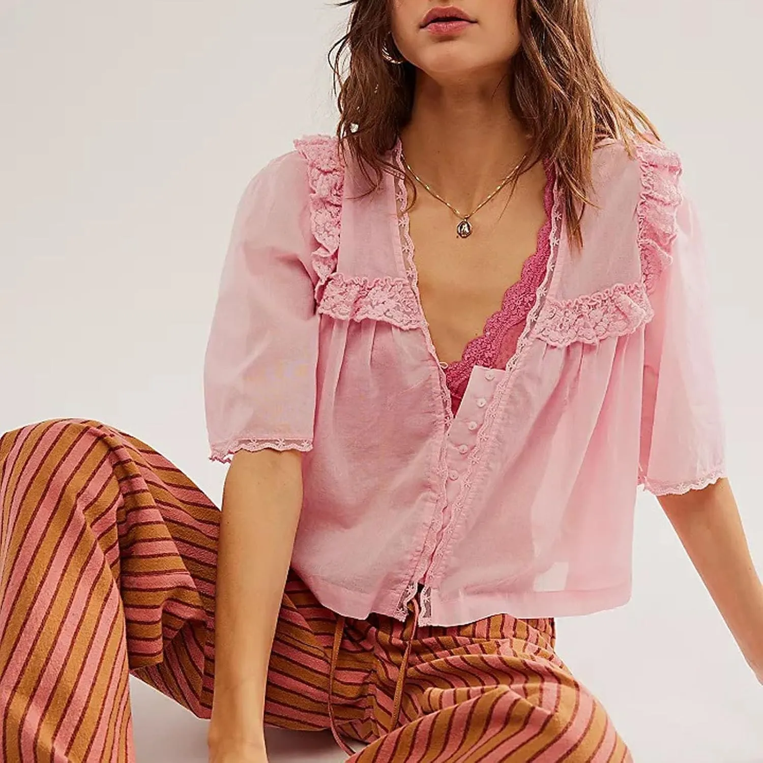 Cute Chiffon Shirt for Women Summer Ruffle Lace Trim Button Down V Neck Short Sleeve Blouse Y2K Sheer Mesh Crop Top