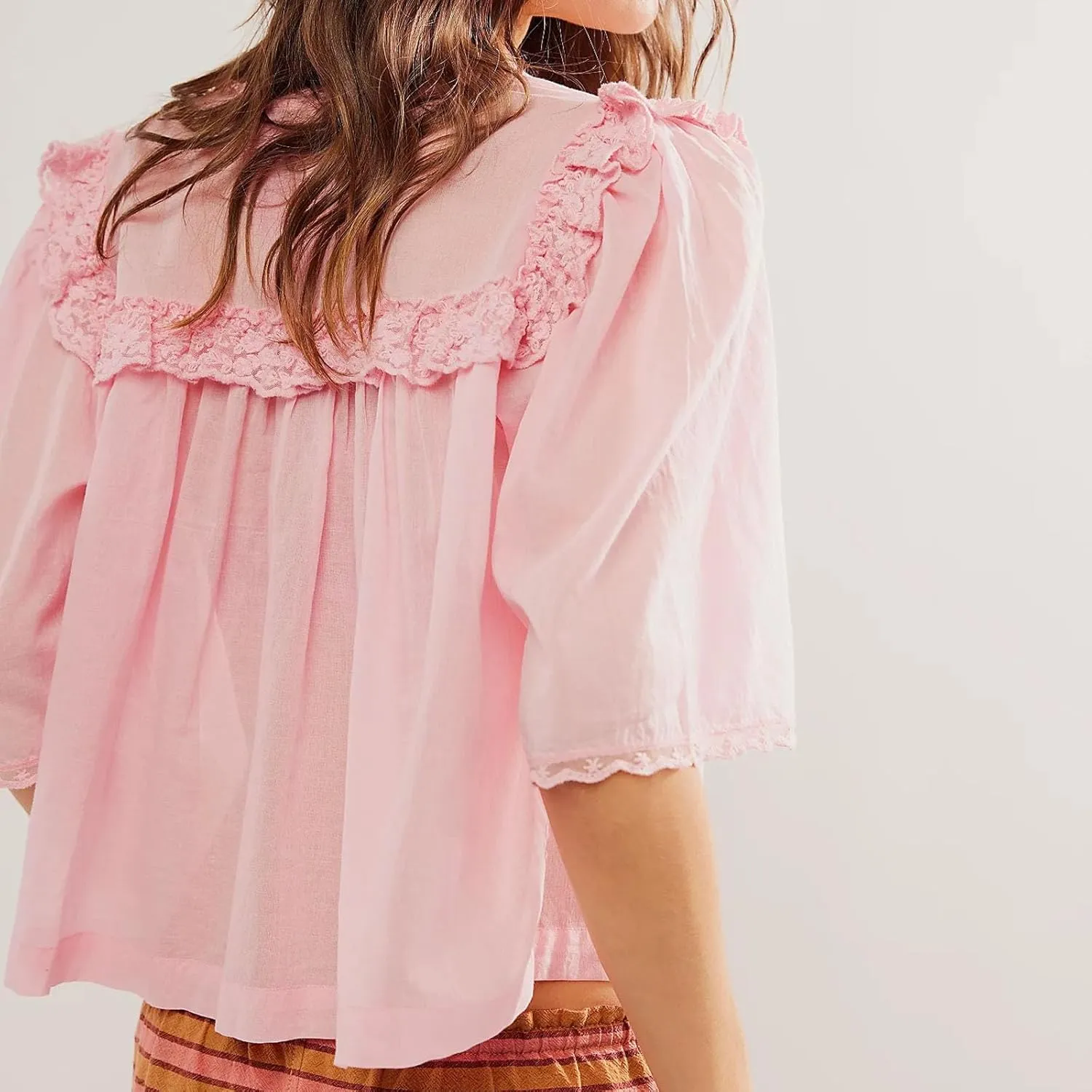 Cute Chiffon Shirt for Women Summer Ruffle Lace Trim Button Down V Neck Short Sleeve Blouse Y2K Sheer Mesh Crop Top