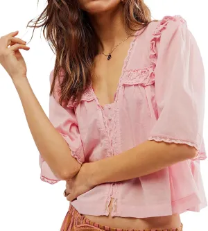 Cute Chiffon Shirt for Women Summer Ruffle Lace Trim Button Down V Neck Short Sleeve Blouse Y2K Sheer Mesh Crop Top