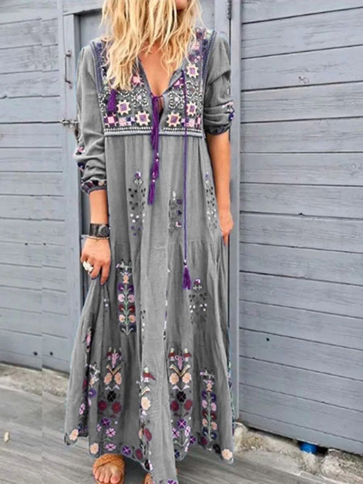 Dunnmall Casual Cotton-Blend Dress Women Plus Size Fashion Long Sleeve Summer Dress