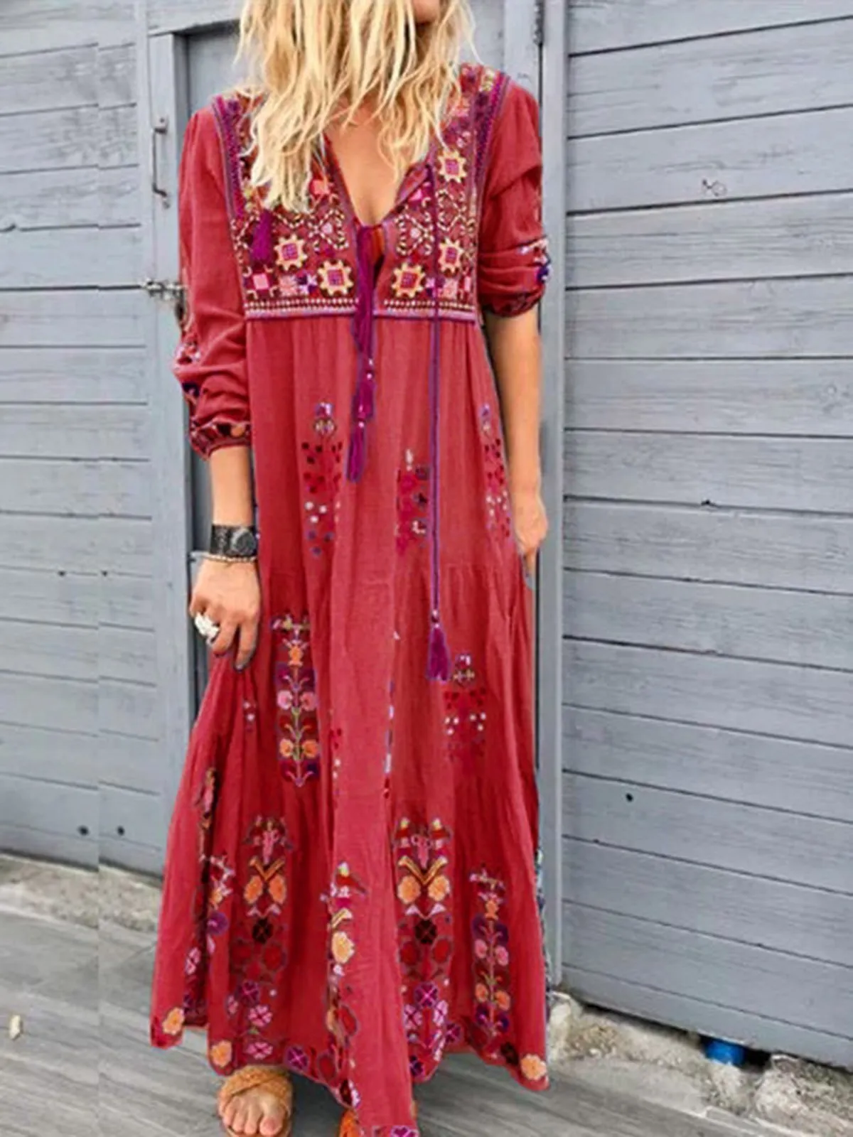 Dunnmall Casual Cotton-Blend Dress Women Plus Size Fashion Long Sleeve Summer Dress