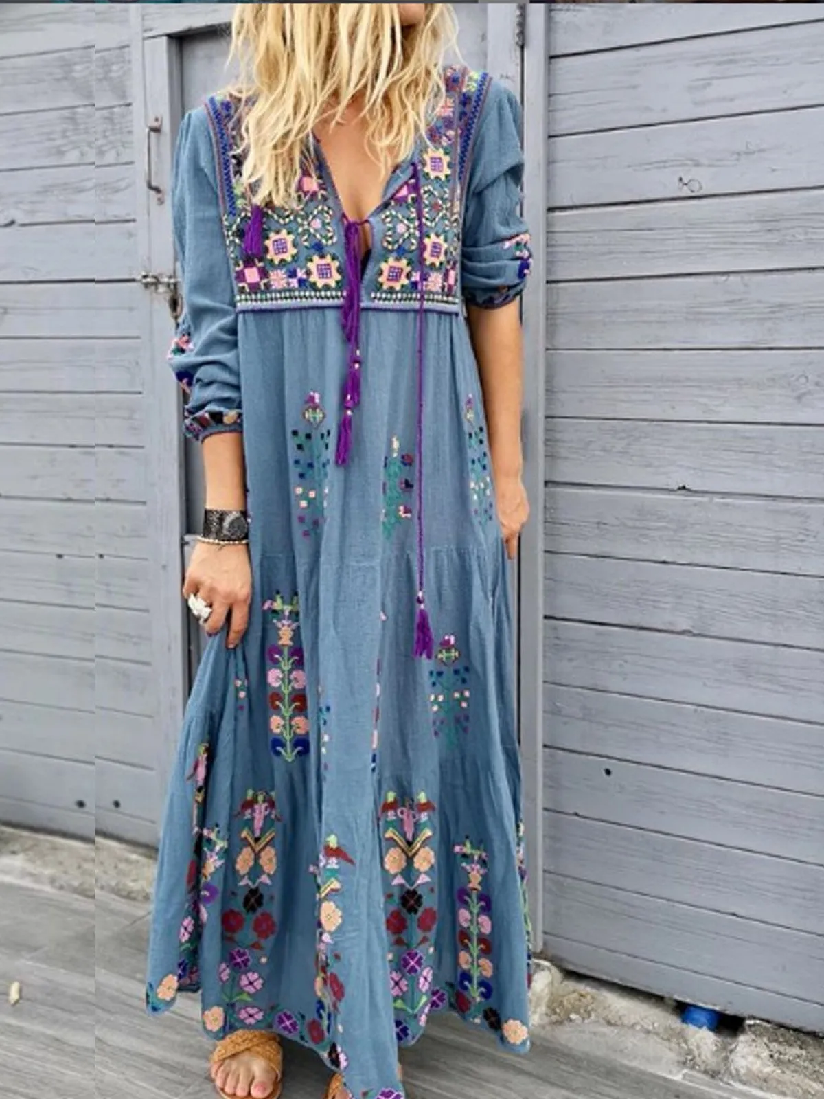 Dunnmall Casual Cotton-Blend Dress Women Plus Size Fashion Long Sleeve Summer Dress