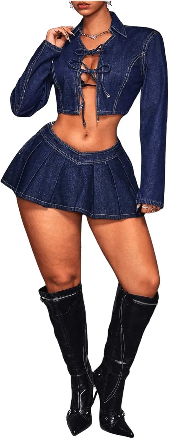 Floerns Women's Pleated Hem Denim Skirt V Cut Low Waist Y2k Mini Jean Dress