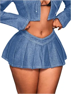 Floerns Women's Pleated Hem Denim Skirt V Cut Low Waist Y2k Mini Jean Dress