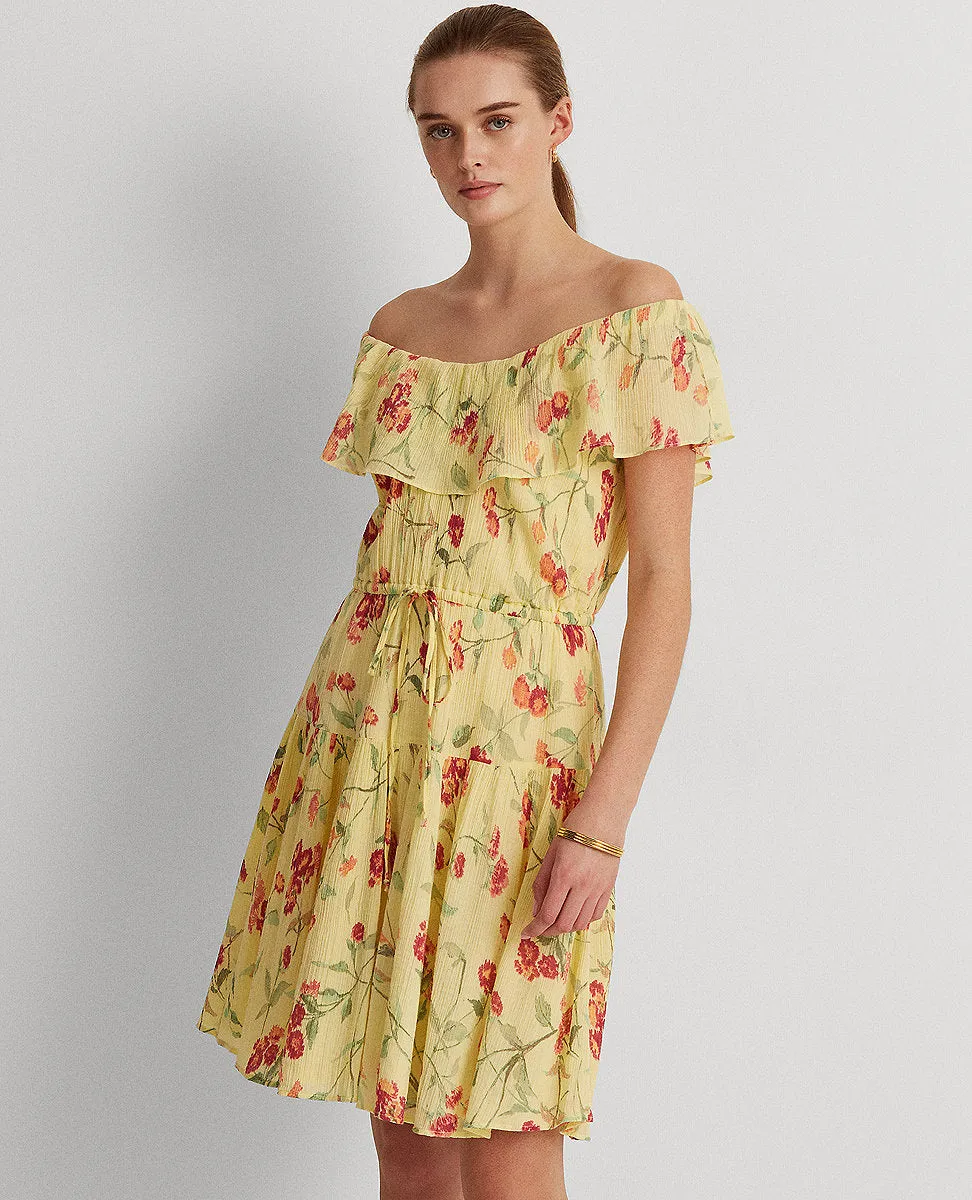 Floral Crinkled Cotton Dress In Yellow/Green/Multi