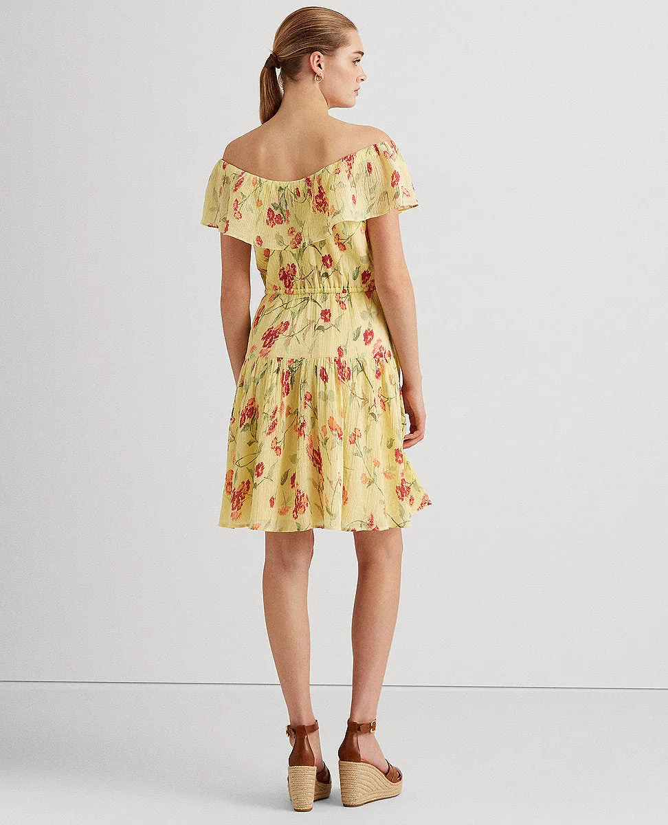 Floral Crinkled Cotton Dress In Yellow/Green/Multi