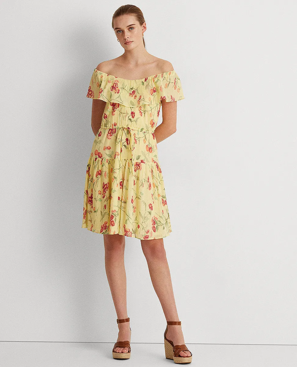 Floral Crinkled Cotton Dress In Yellow/Green/Multi